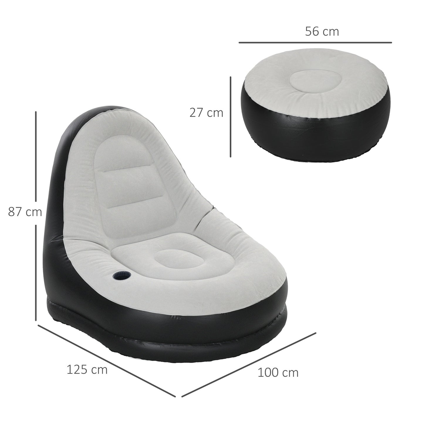Inflatable sofa with footstool & cup holder, light grey
