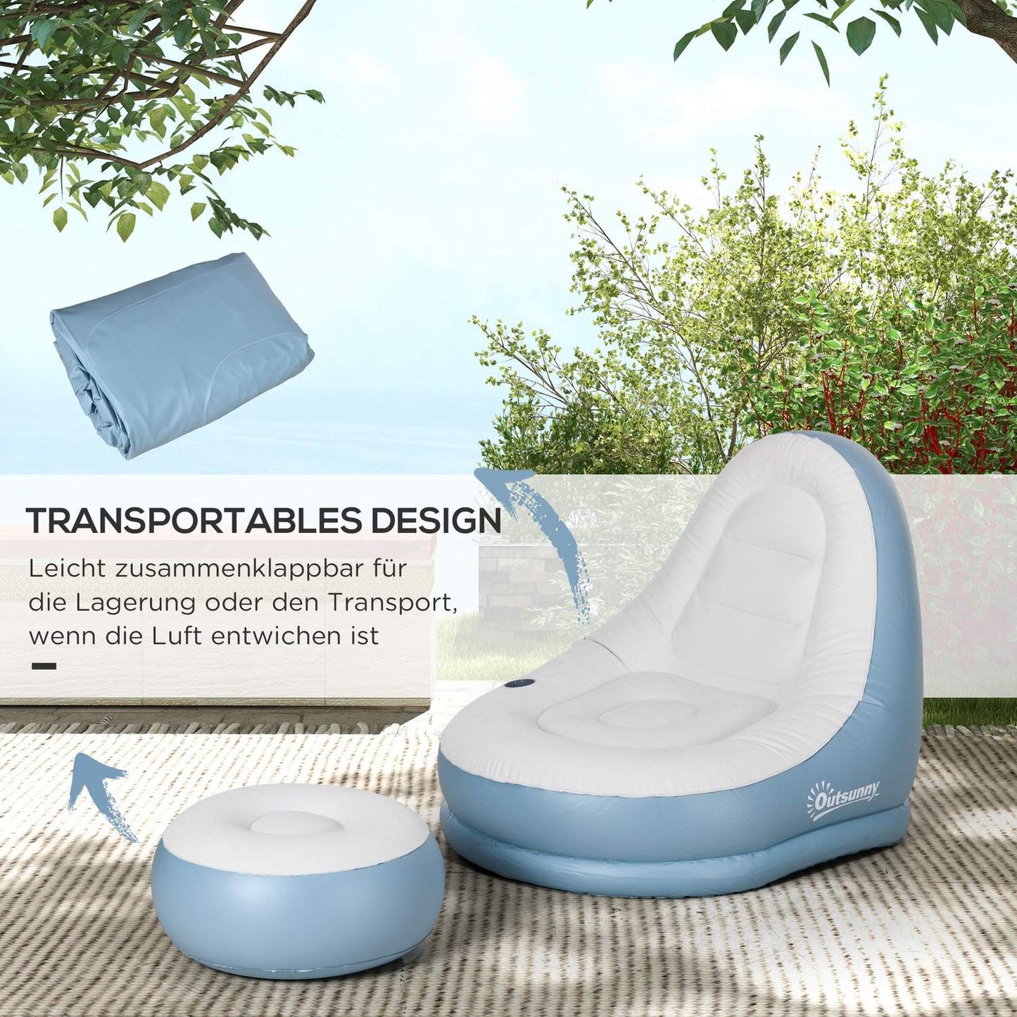 Inflatable sofa with footstool and cup holder, white 125x100x87 cm