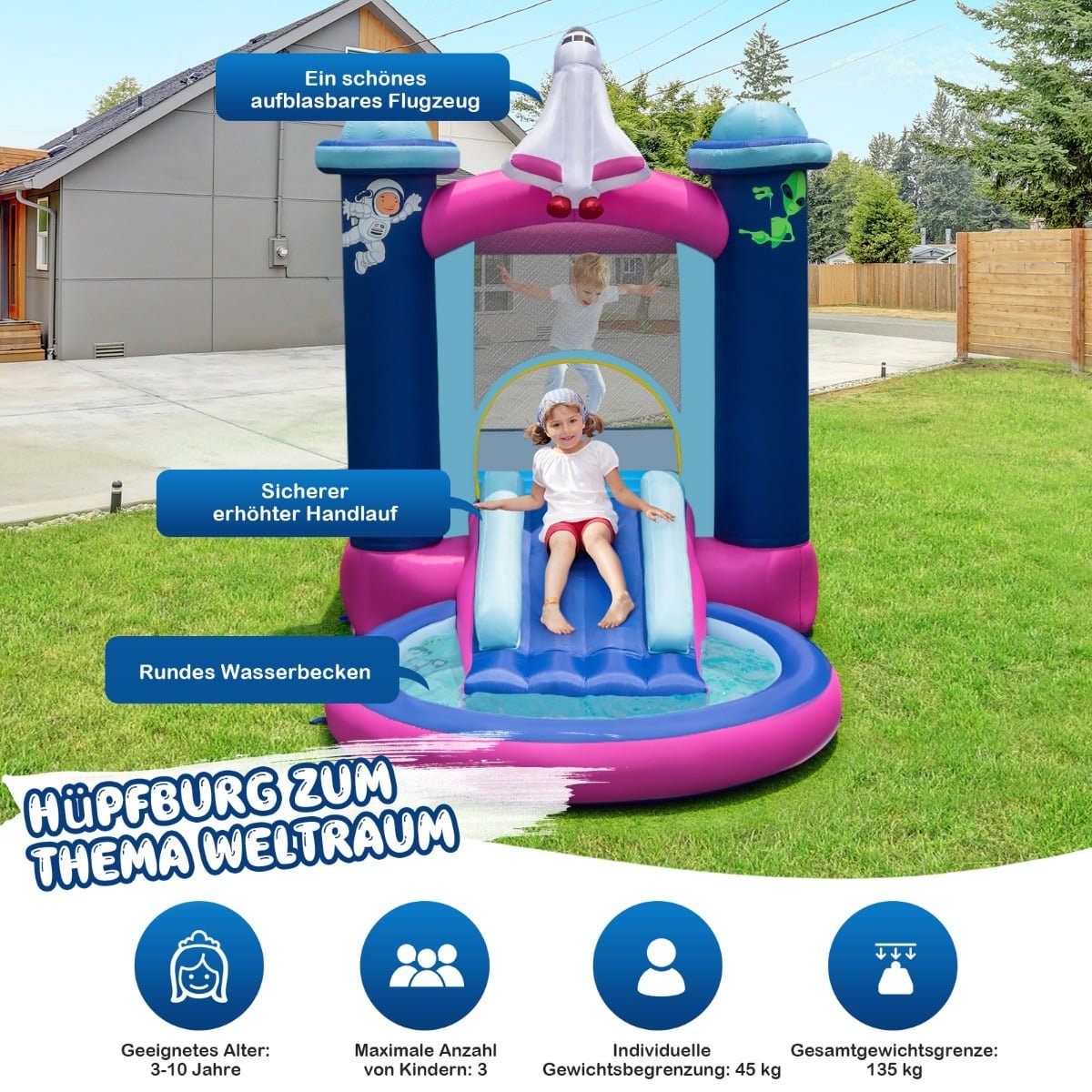Inflatable Water Slide Bounce House for Kids, 207x393x270 cm