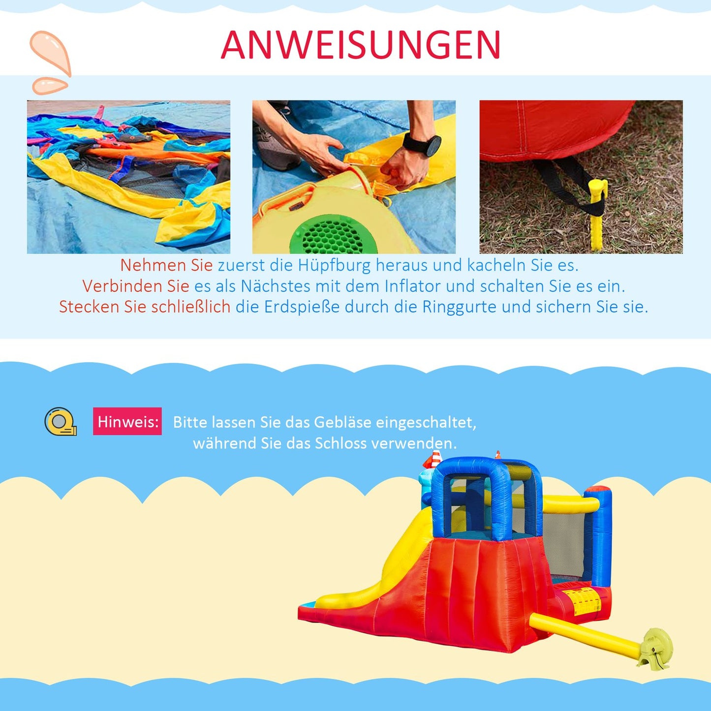 Inflatable bouncy castle and slide with blower for children