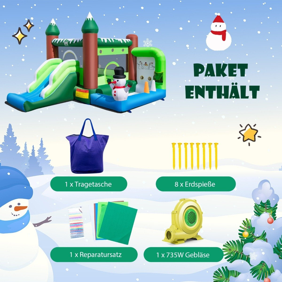 Inflatable bouncy castle for children with slide, ball pit, basketball hoop & throwing holes. Play paradise in winter motif with 735 W air blower