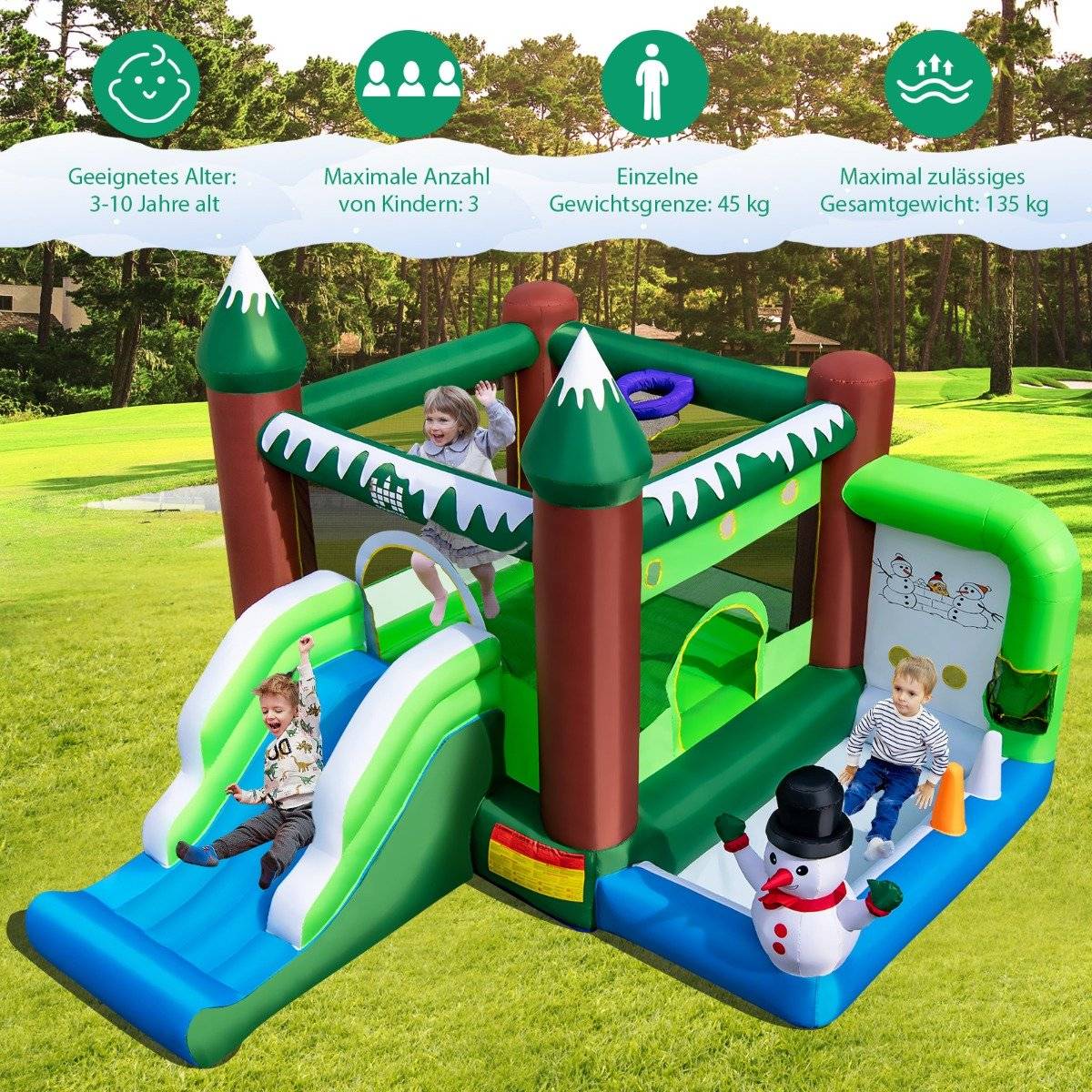 Inflatable bouncy castle for children with slide, ball pit, basketball hoop & throwing holes. Play paradise in winter motif with 735 W air blower