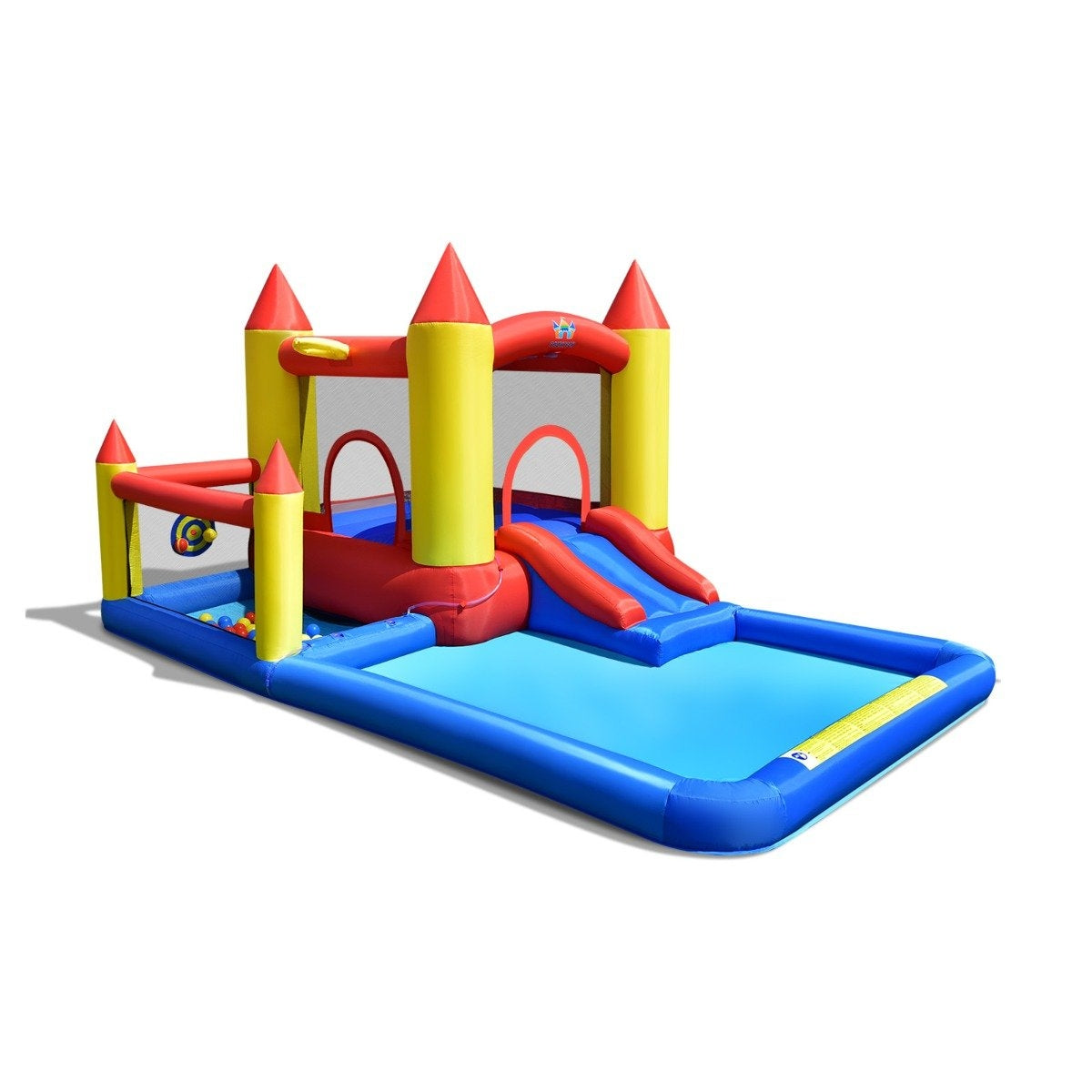 Inflatable bouncy castle with blower & slide & ball pit & basketball ring & paddling pool