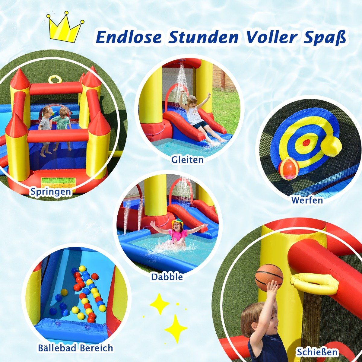 Inflatable bouncy castle with blower & slide & ball pit & basketball ring & paddling pool