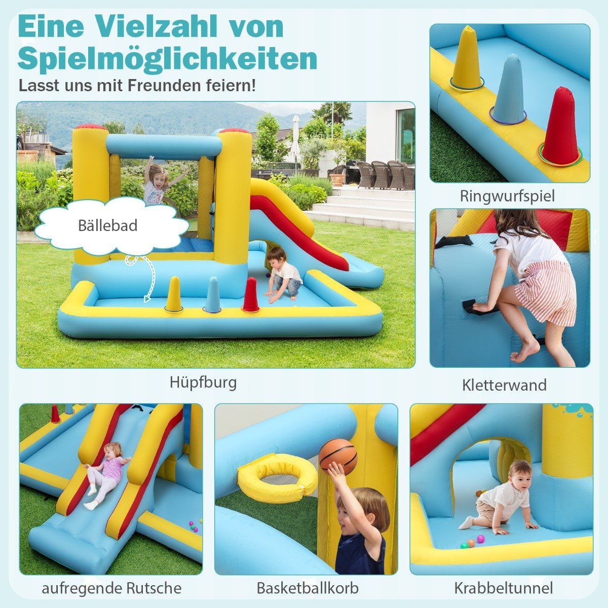 Inflatable bouncy castle with slide & tunnel & basketball hoop & ring toss game giant castle