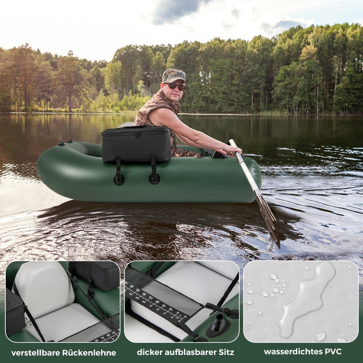 Inflatable fishing boat, inflatable boat, fishing boat with backrest, paddle boat, 157 x 114 x 35 cm