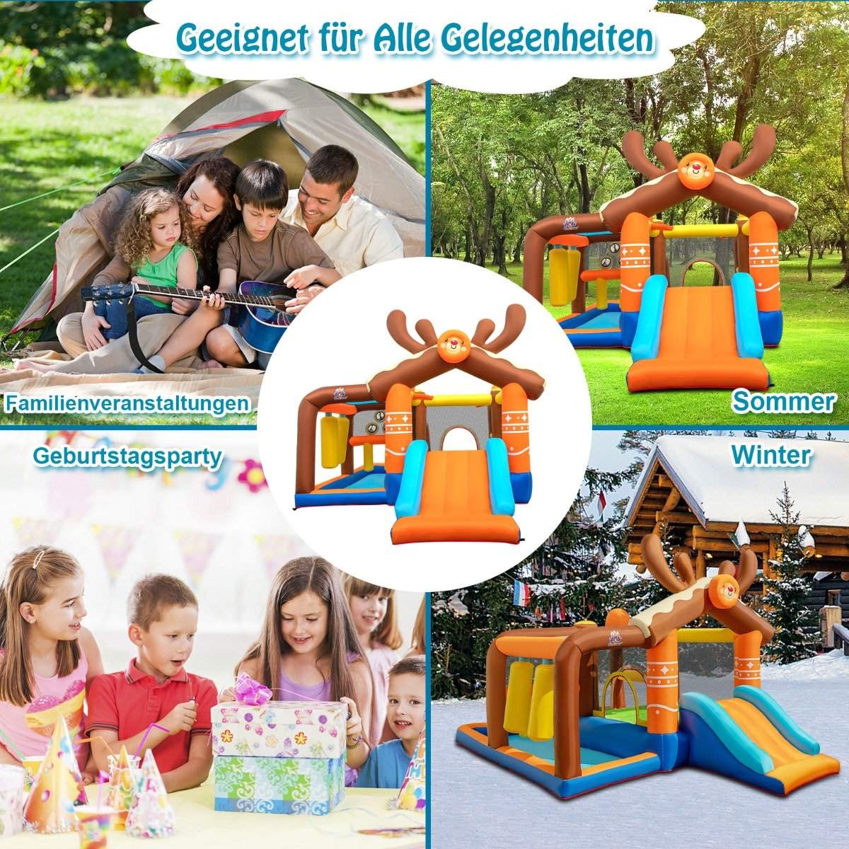 Inflatable reindeer bouncy castle with slide & 2 ball pits & throwing game 420 x 310 x 260 cm