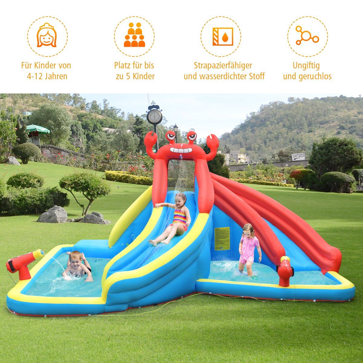 Inflatable water park with climbing wall 500 x 400 x 250 cm red + yellow + blue