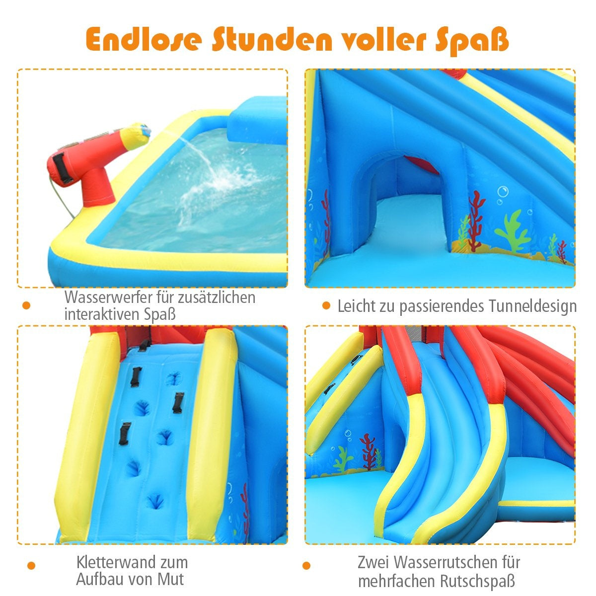 Inflatable water park with climbing wall 500 x 400 x 250 cm red + yellow + blue