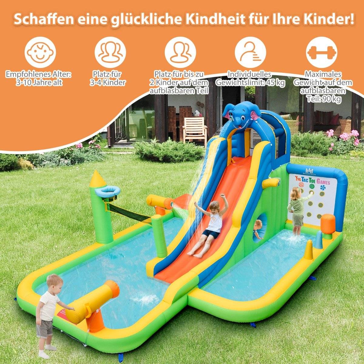 Inflatable water slide with paddling pool & climbing wall & water cannons without blower