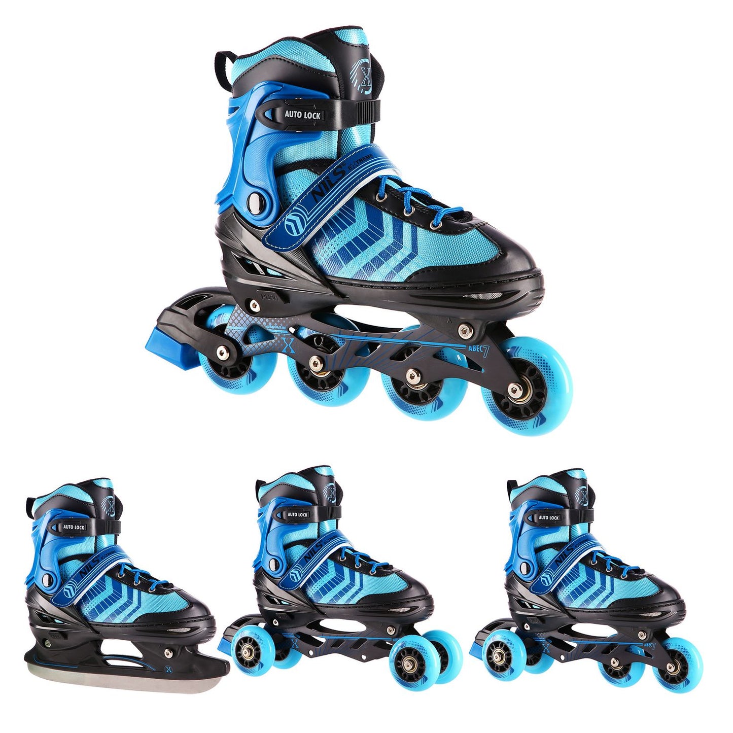 Inline & Hockey Ice Skates, 4-in-1, Black-Blue, Size M