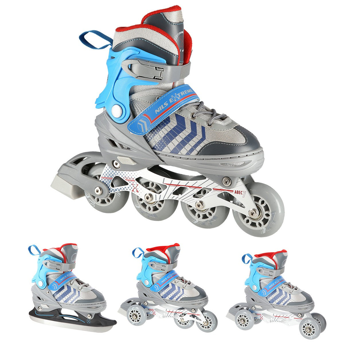Inline & Hockey Ice Skates, 4-in-1, Grey/Blue, Size M