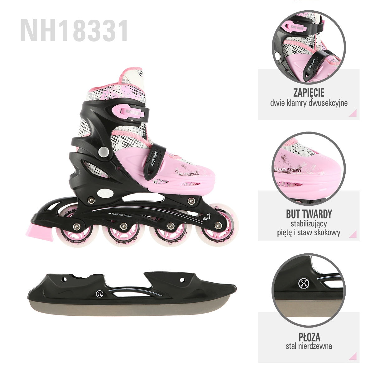 Inline/Ice Skates, 4-in-1, Pink, Size S (31-34)