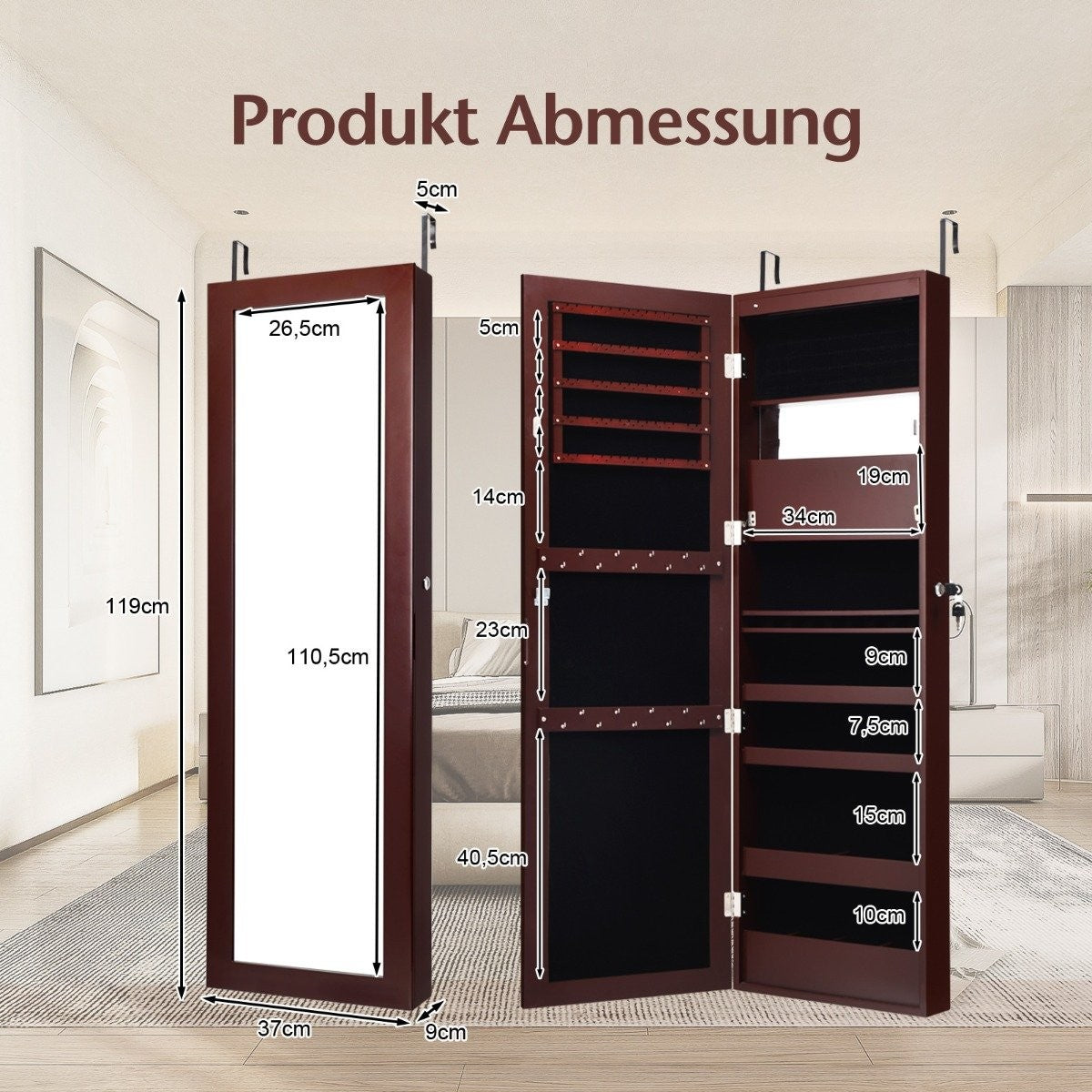 Jewelery cabinet with mirror, cosmetic cabinet with lined shelves, hooks and compartments, brown