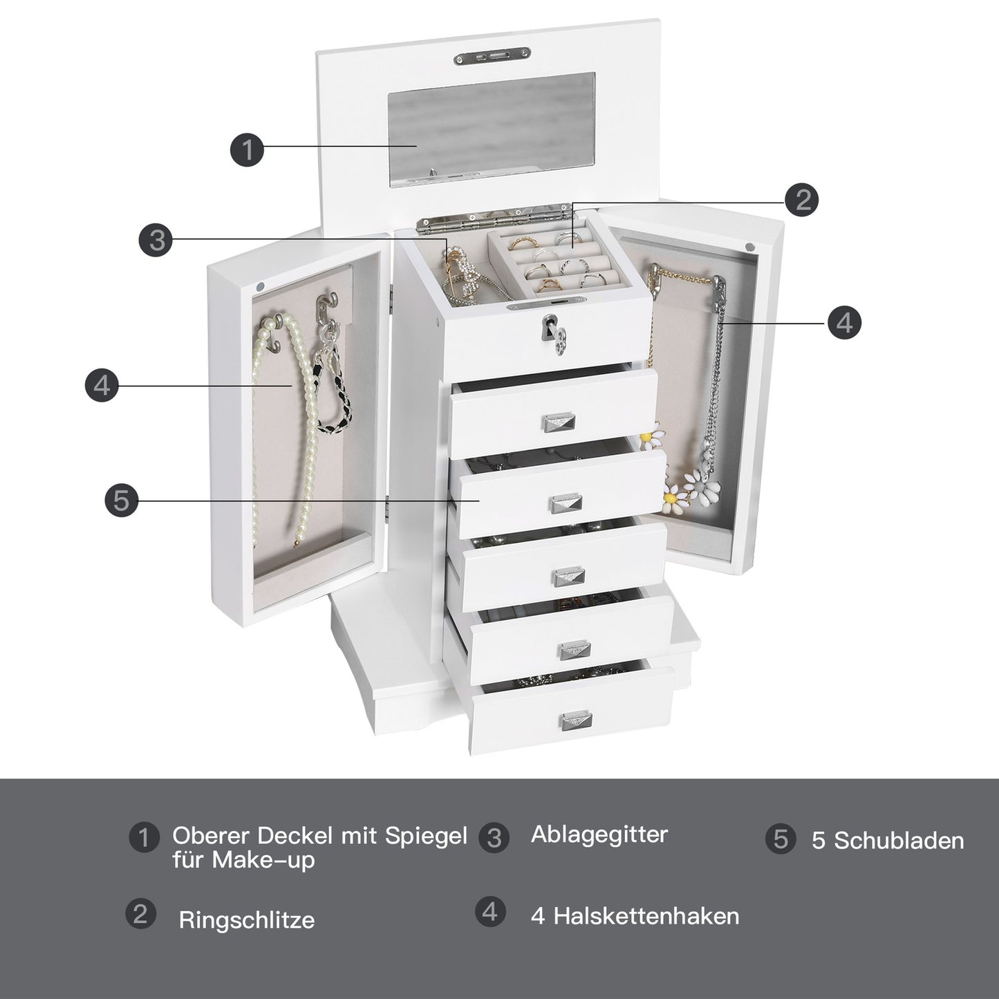 Jewelery cabinet with drawers, white, 25x14x34.5cm
