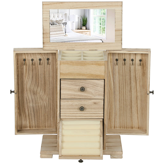 Jewelry Box with Mirror, 4-Tier, Brown Paulownia Wood