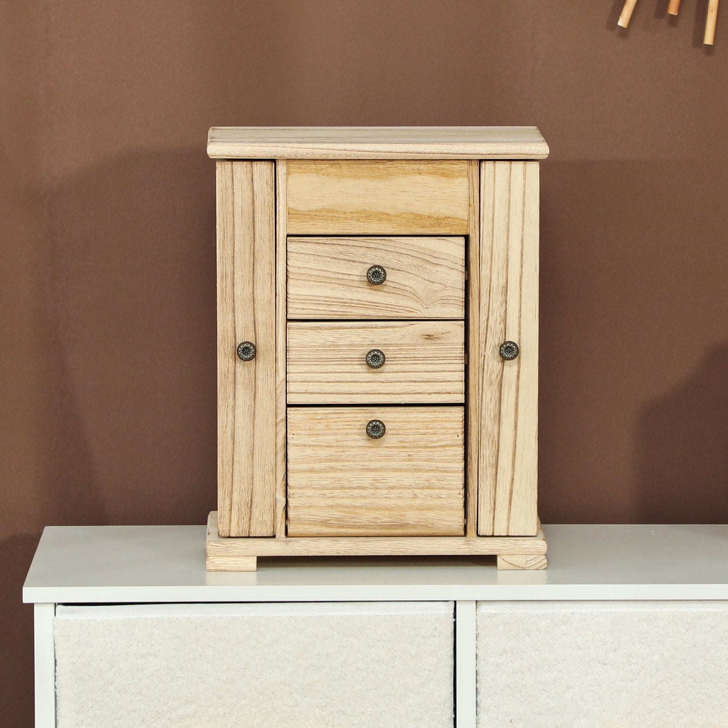 Jewelry Box with Mirror, 4-Tier, Brown Paulownia Wood