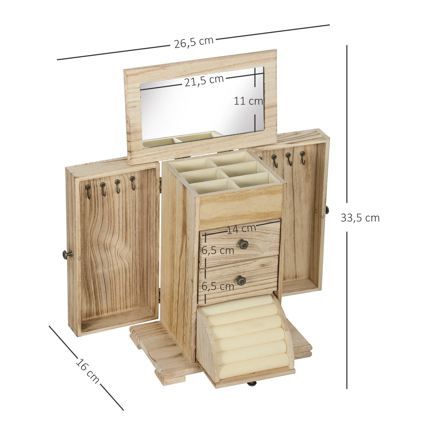 Jewelry Box with Mirror, 4-Tier, Brown Paulownia Wood