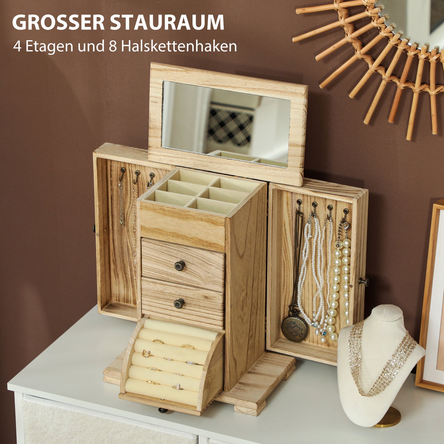 Jewelry Box with Mirror, 4-Tier, Brown Paulownia Wood