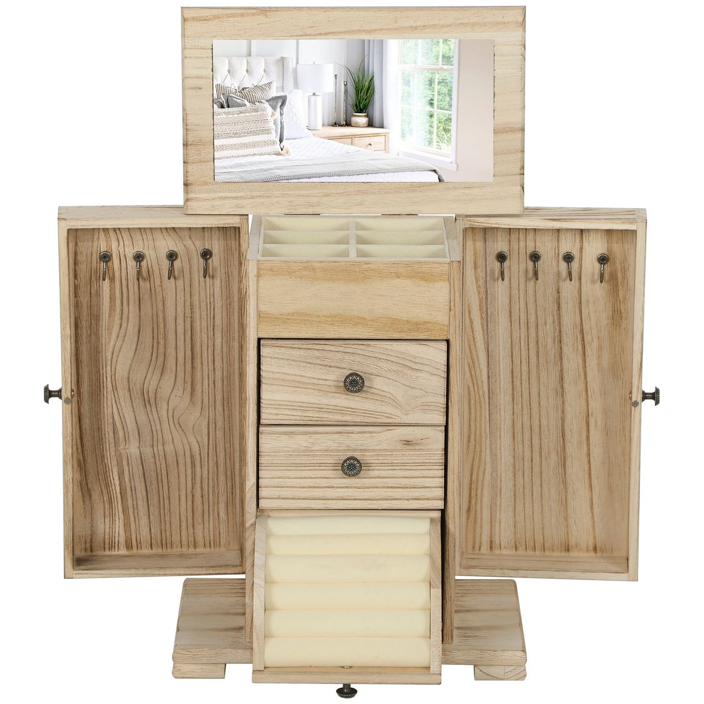 Jewelry Box with Mirror, 4-Tier, Brown Paulownia Wood