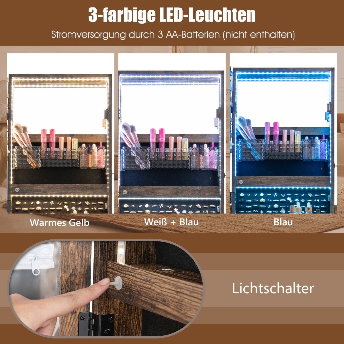 Jewelry Cabinet with 3 Mirrors & Drawer & Wheels & Lights Jewelry Mirror Rustic Brown