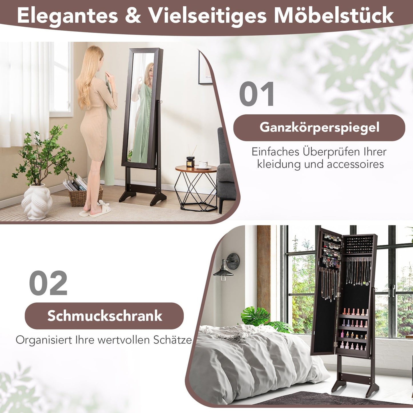 Jewelry Cabinet with Full-Length Mirror, Adjustable Tilt