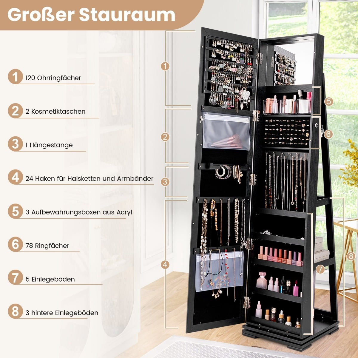 Jewelry Cabinet with Full-Length Mirror, Black, Lockable