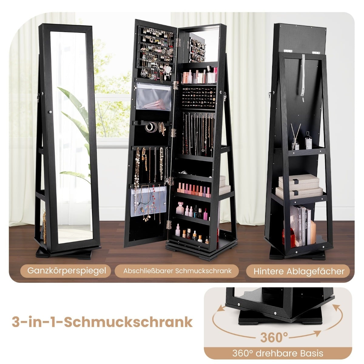 Jewelry Cabinet with Full-Length Mirror, Black, Lockable