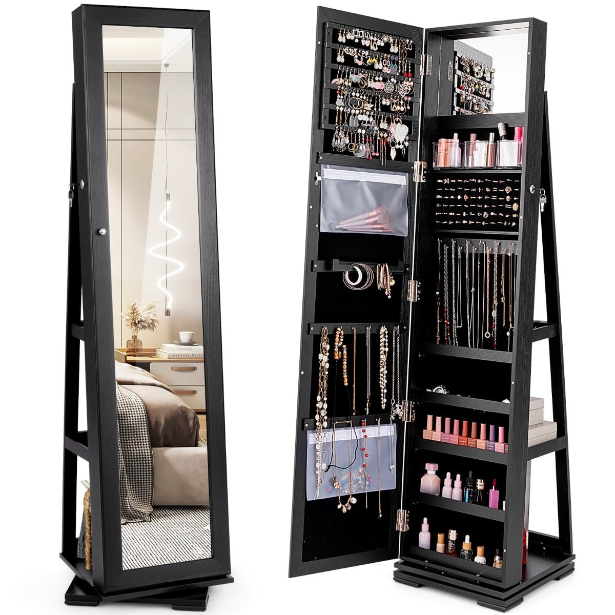 Jewelry Cabinet with Full-Length Mirror, Black, Lockable