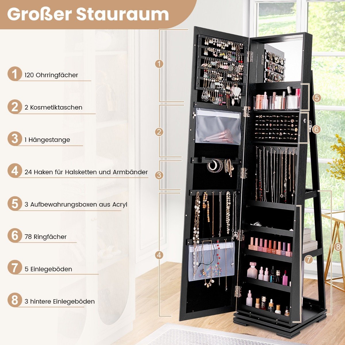 Jewelry Cabinet with Full Length Mirror & Built-in Makeup Mirror Coffee Mirror Cabinet