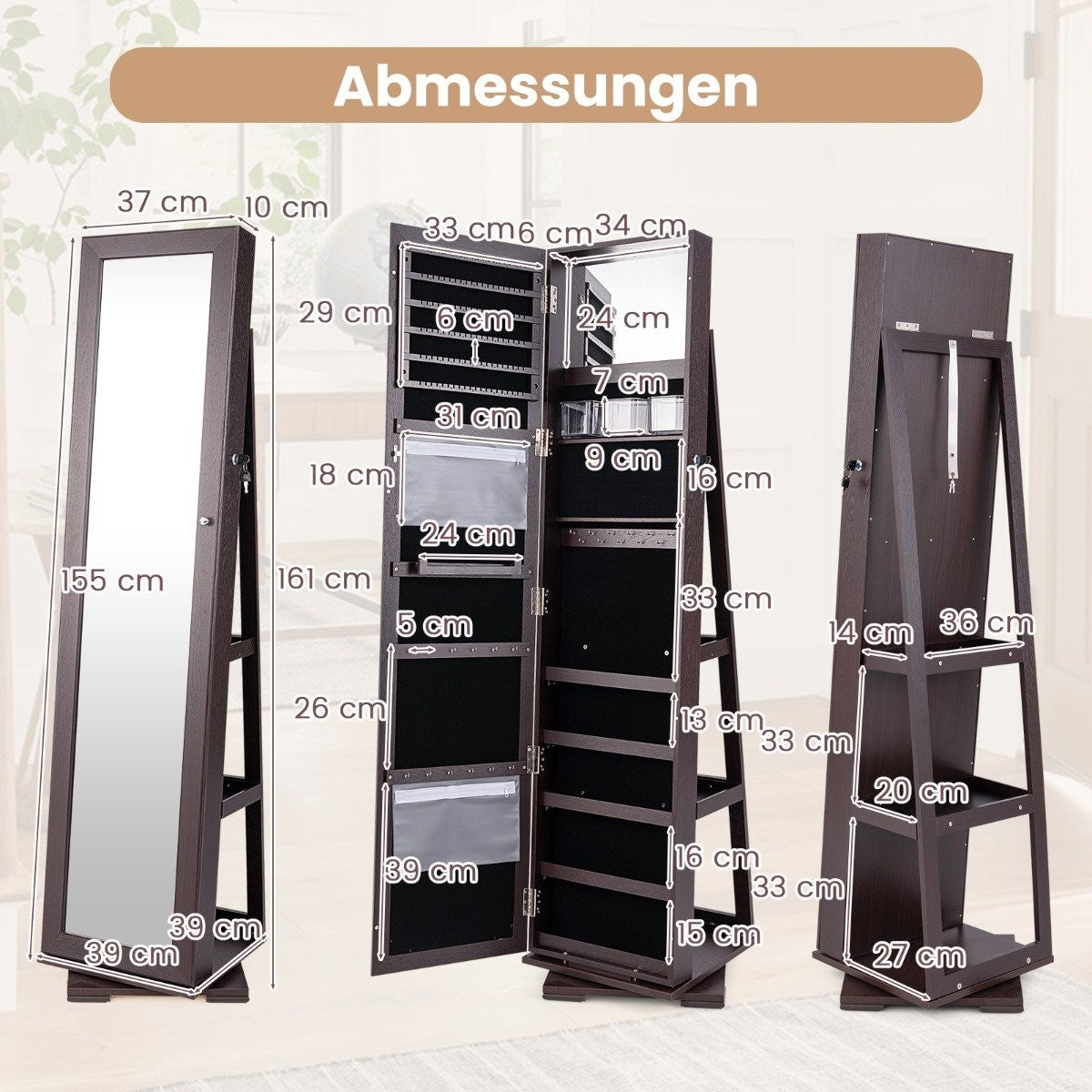 Jewelry Cabinet with Full Length Mirror & Built-in Makeup Mirror Coffee Mirror Cabinet