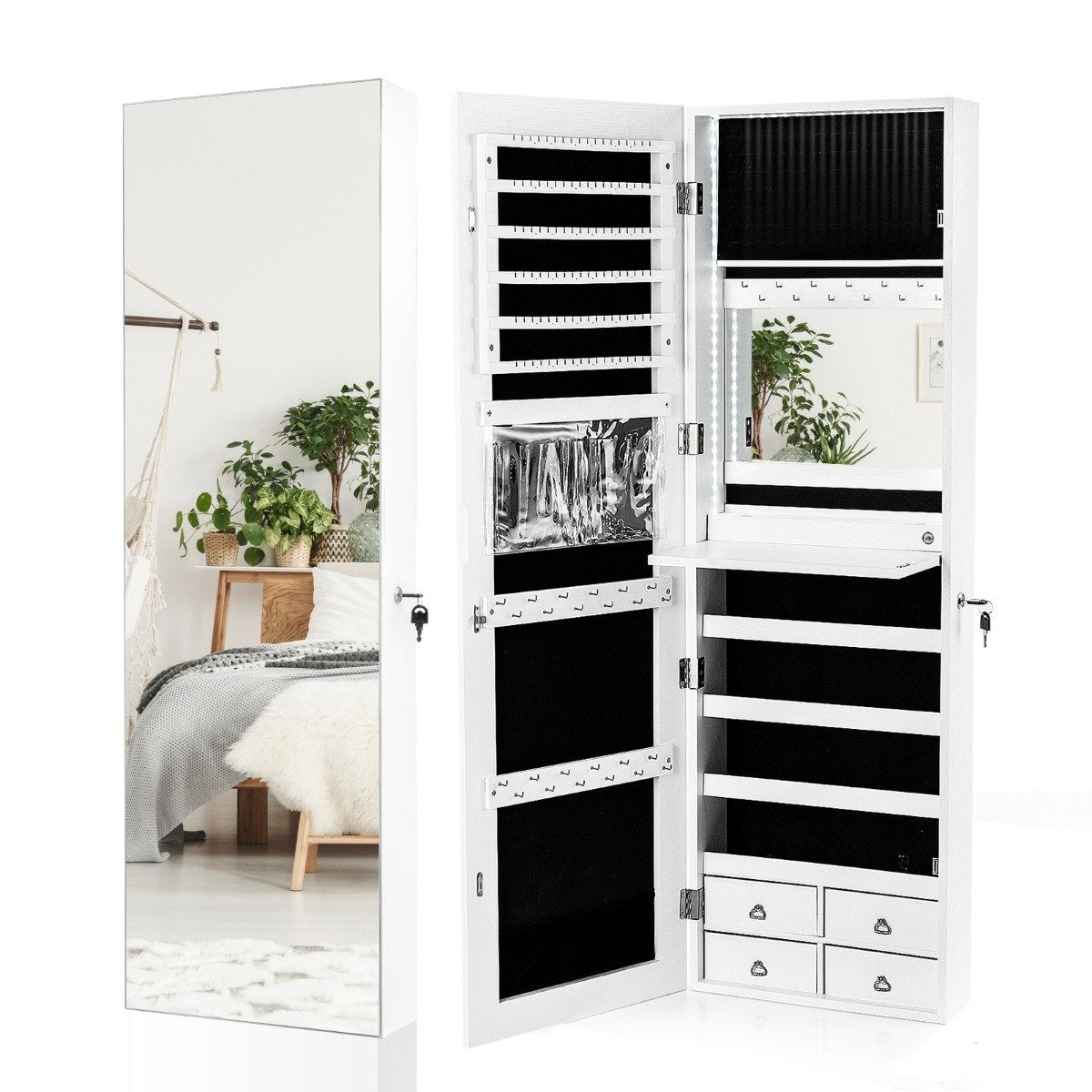 Jewelry Cabinet with LED, Full-Length Mirror, White