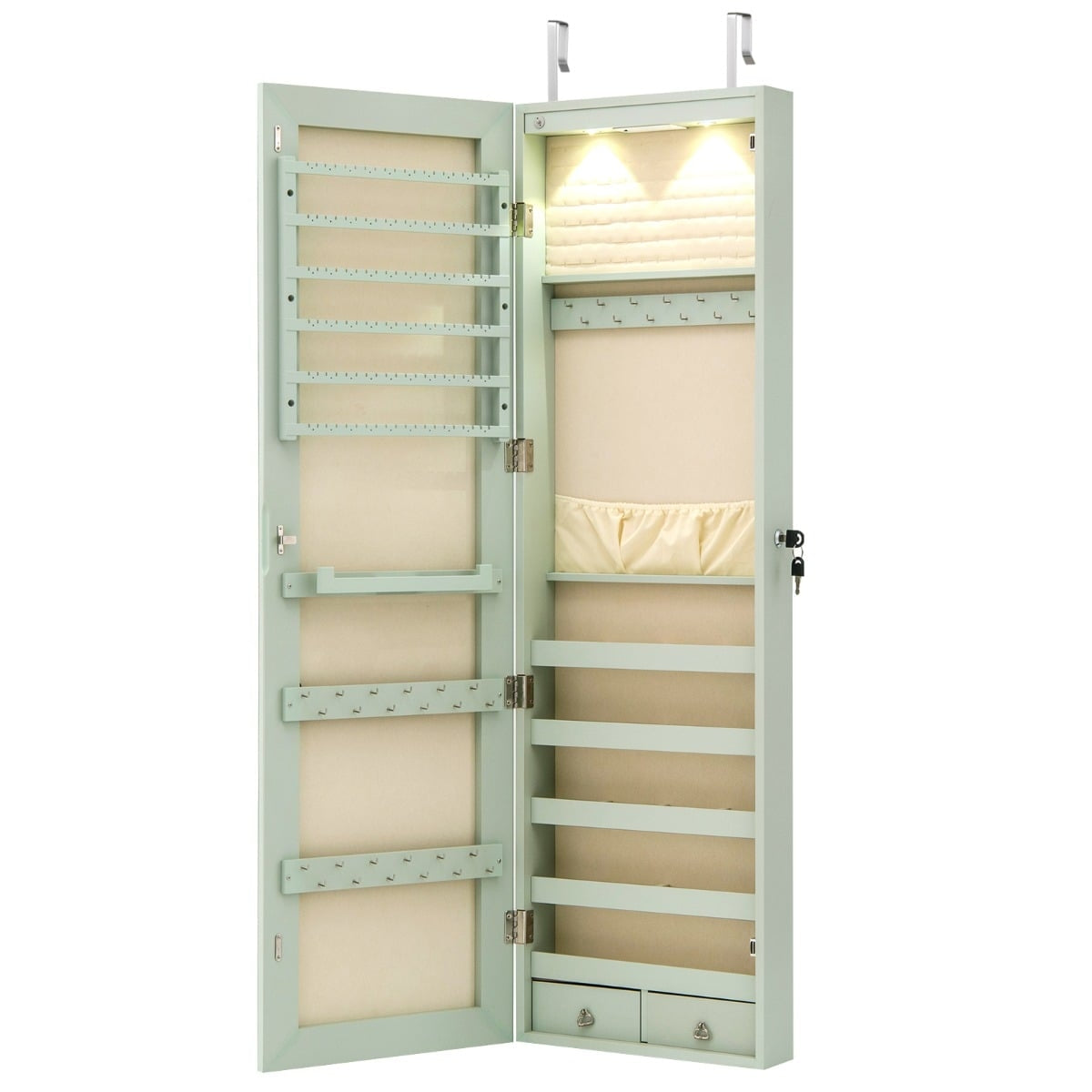 Jewelry Cabinet with LED Light, Mirror, Lockable, Green