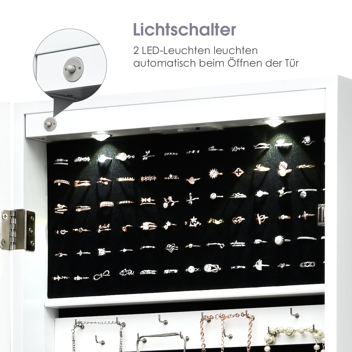 Jewelry Cabinet with LED Lights, Mirror, Wall/Door Mount