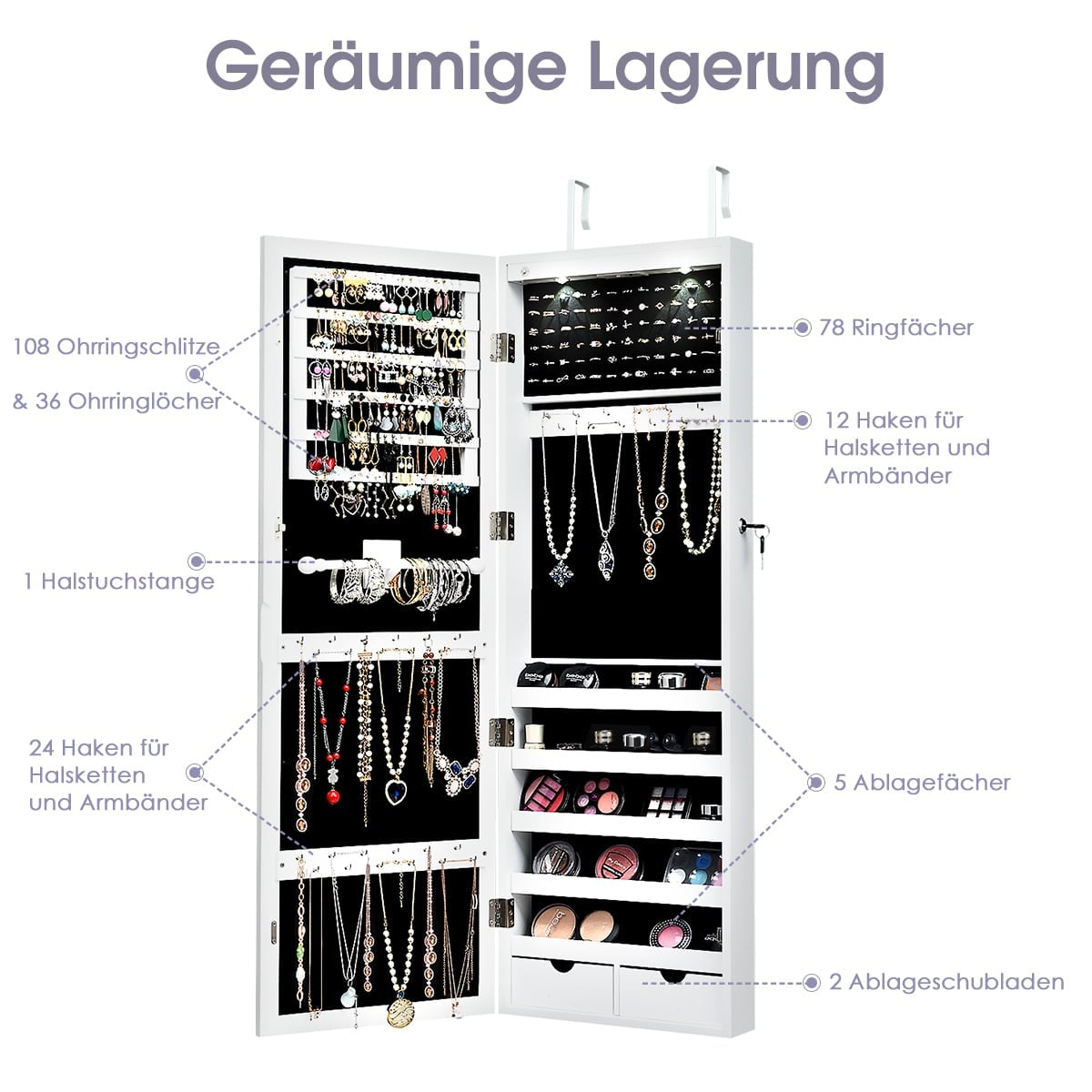 Jewelry Cabinet with LED Lights, Mirror, Wall/Door Mount