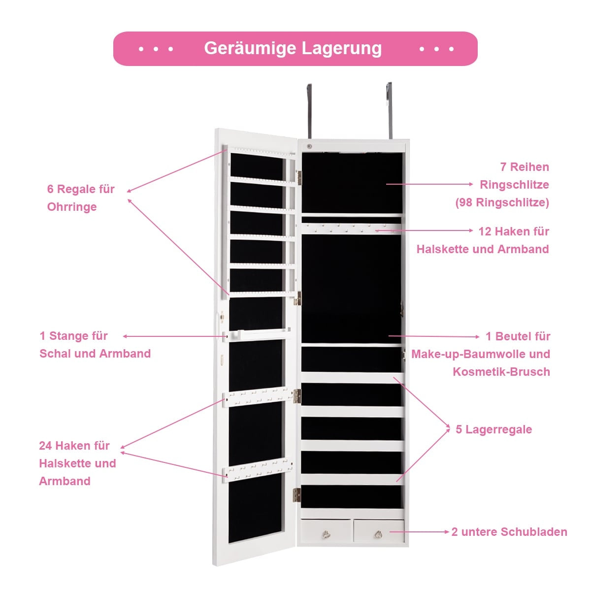 Jewelry Cabinet with LED Mirror, Black/White, 120x35.5x10 cm