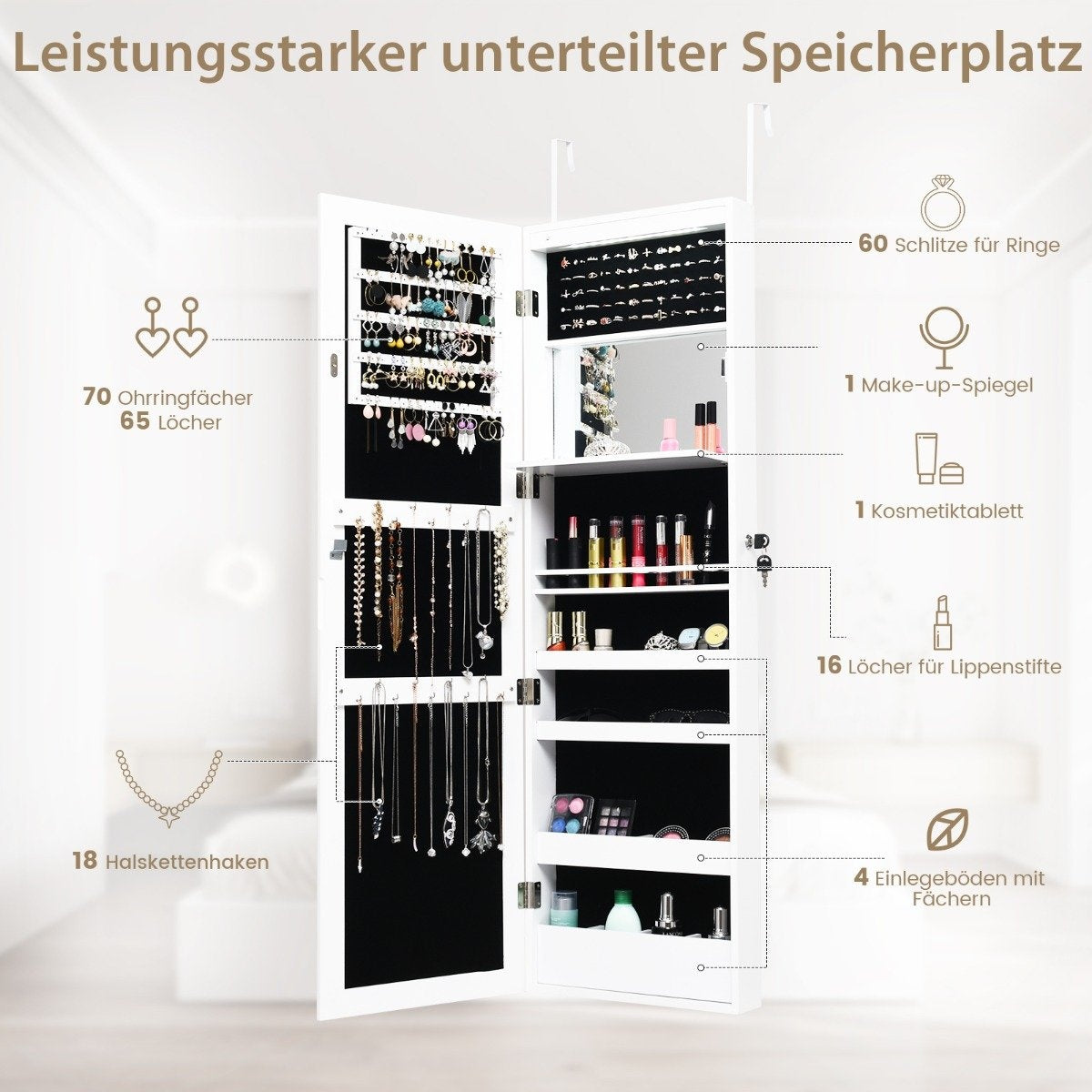 Jewelry Cabinet with Mirror, LED Lights, Lockable, White