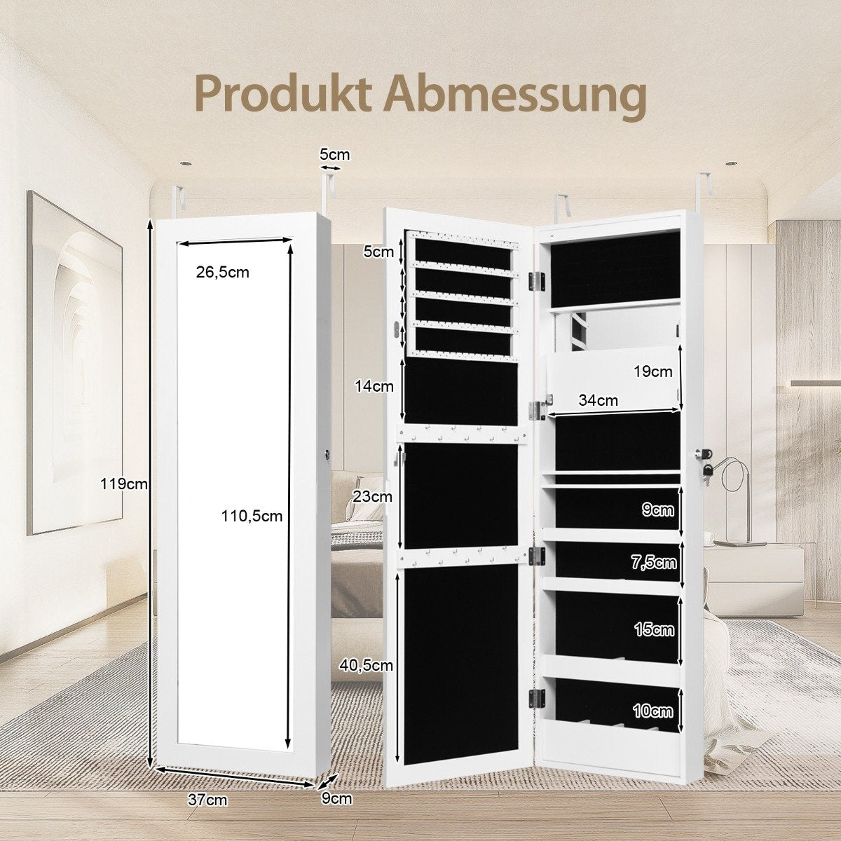 Jewelry Cabinet with Mirror, LED Lights, Lockable, White