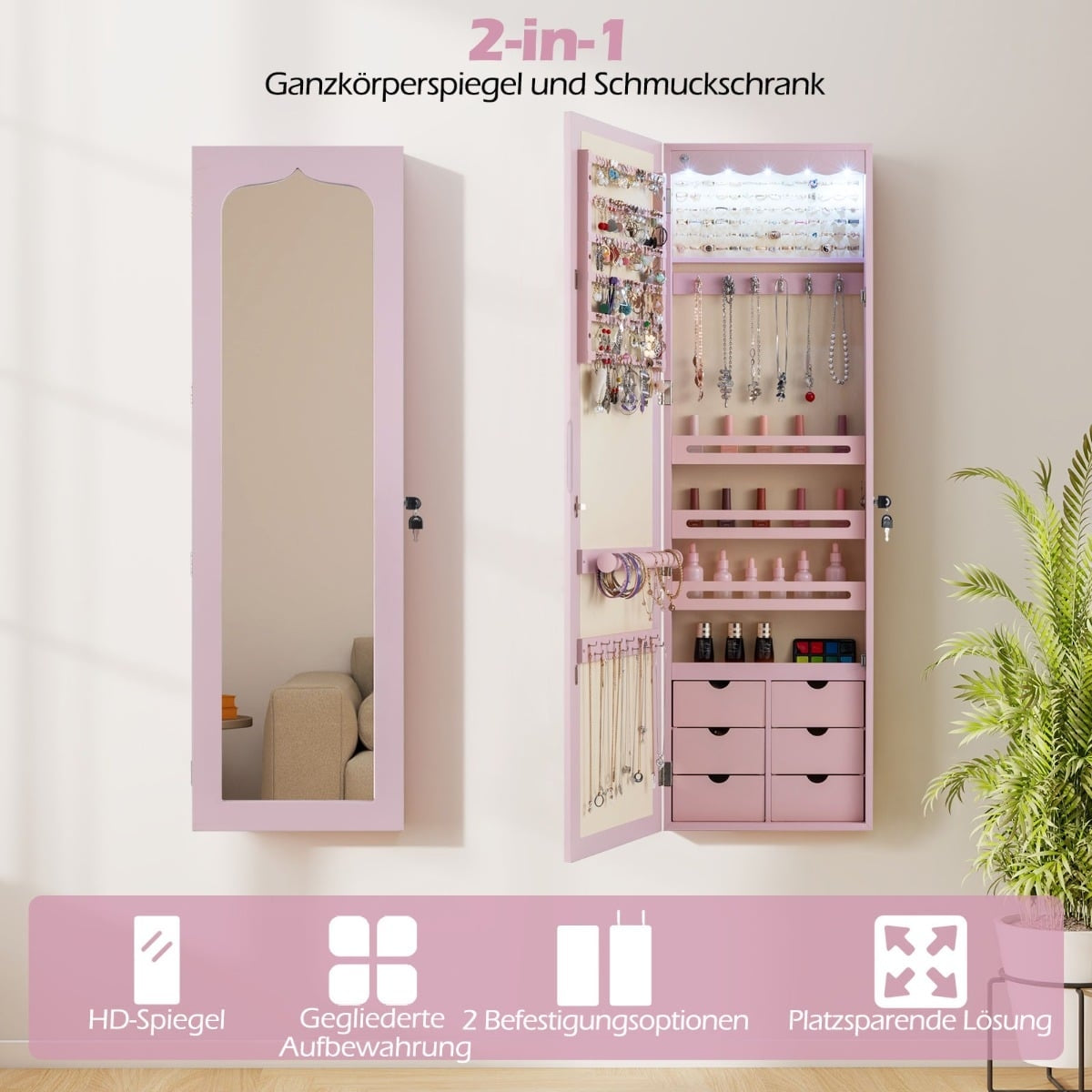 Jewelry Cabinet with Mirror, LED, Lockable, Pink