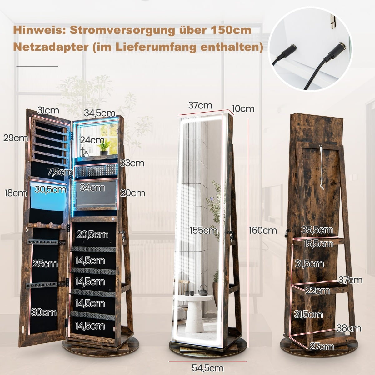 Jewelry Cabinet with Mirror and Adjustable LED Lights