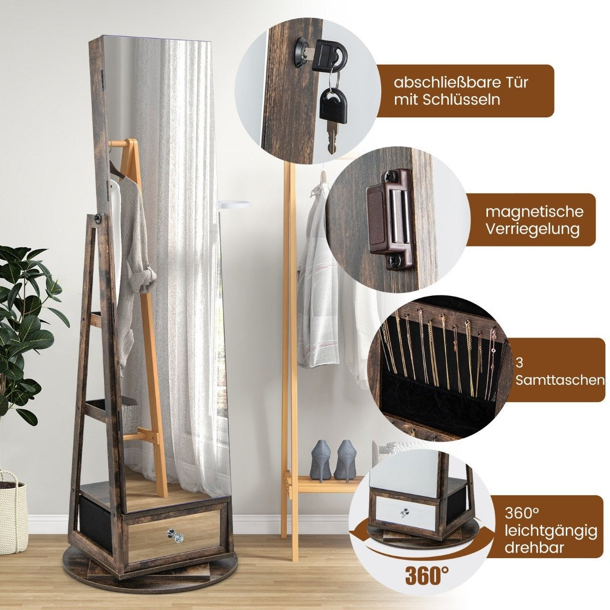 Jewelry cabinet 360° rotating mirror cabinet with full-length mirror 140 x 37 cm Rustic brown