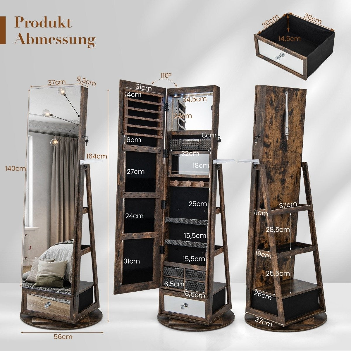 Jewelry cabinet 360° rotating mirror cabinet with full-length mirror 140 x 37 cm Rustic brown