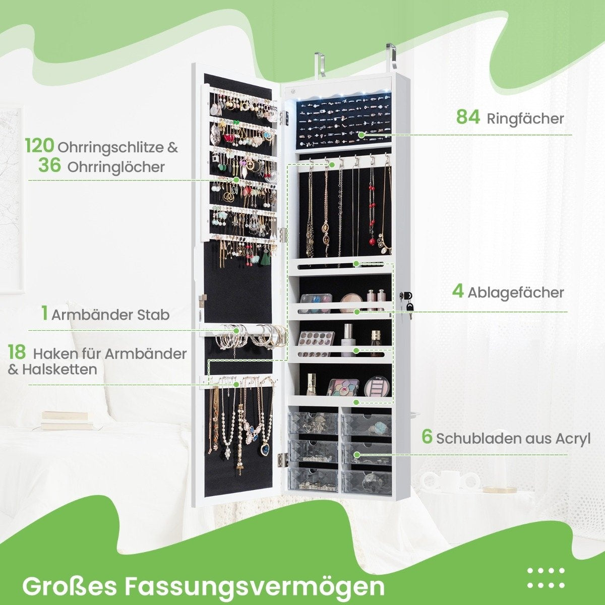 Jewelry cabinet hanging storage cabinet with LED lighting 36.5 x 11.5 x 120 cm white