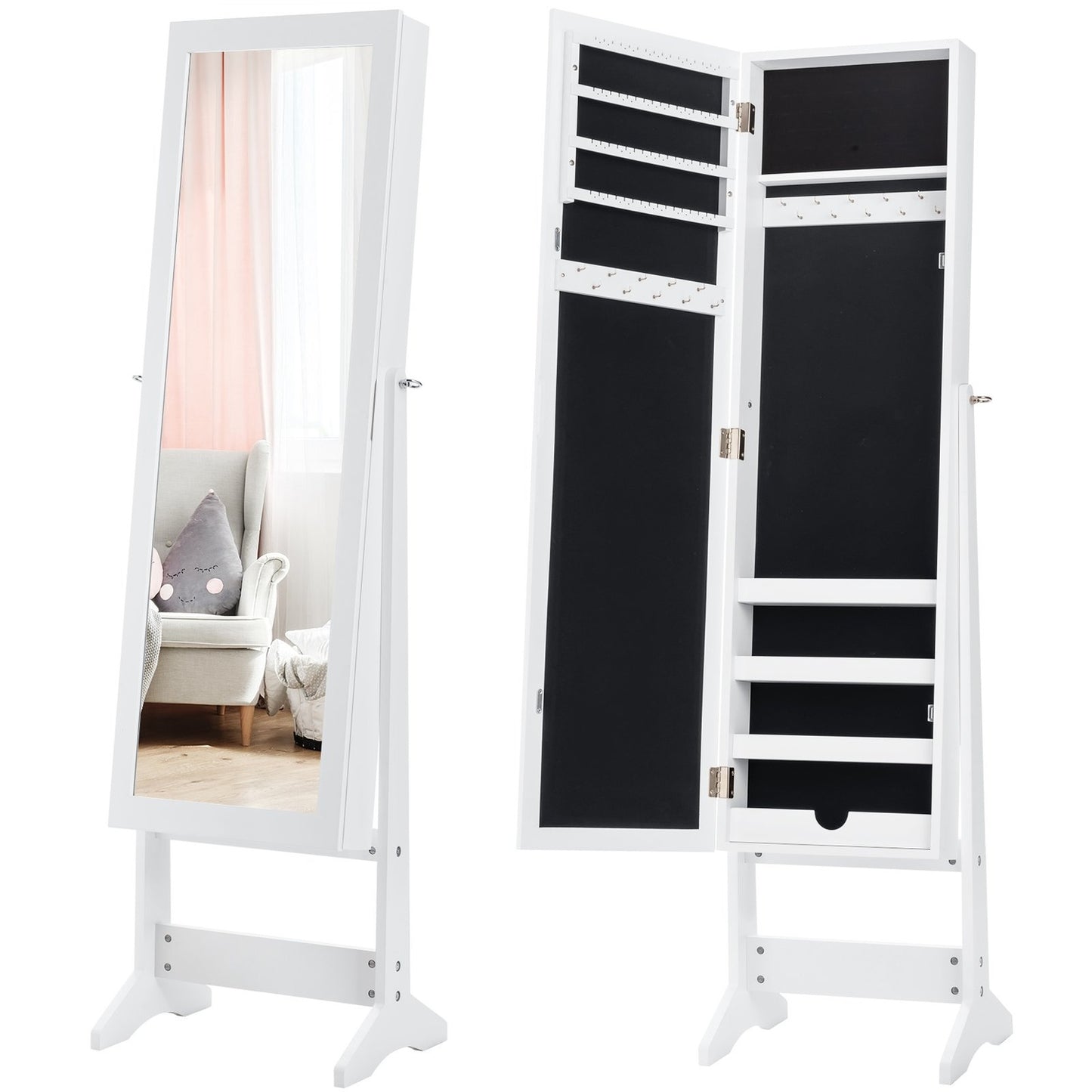 Jewelry cabinet, jewelry shelf, full-length mirror, mirror cabinet, tilt-adjustable, white