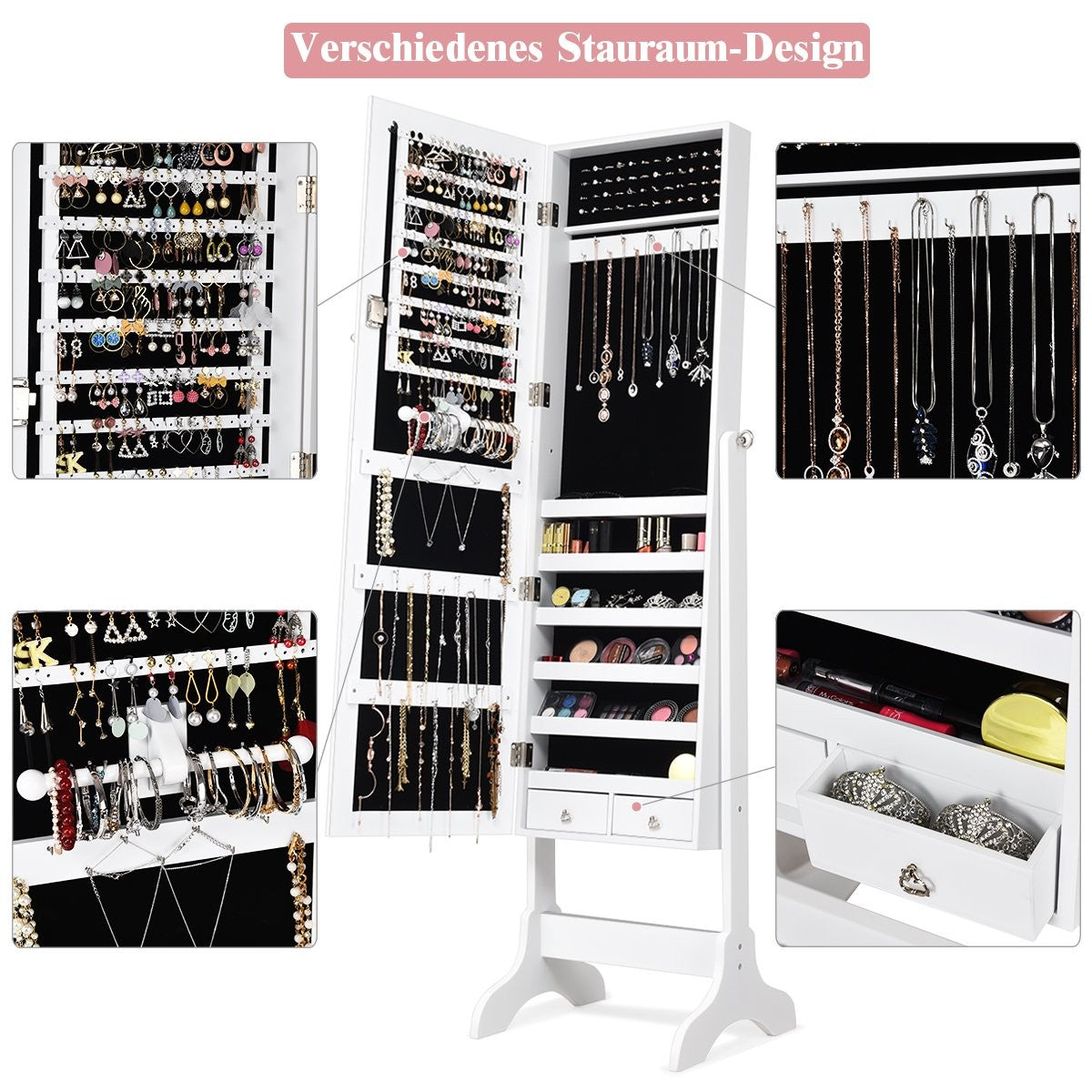 Jewelry cabinet lockable chmuck mirror cabinet with mirror 46 x 37 x 156 cm white