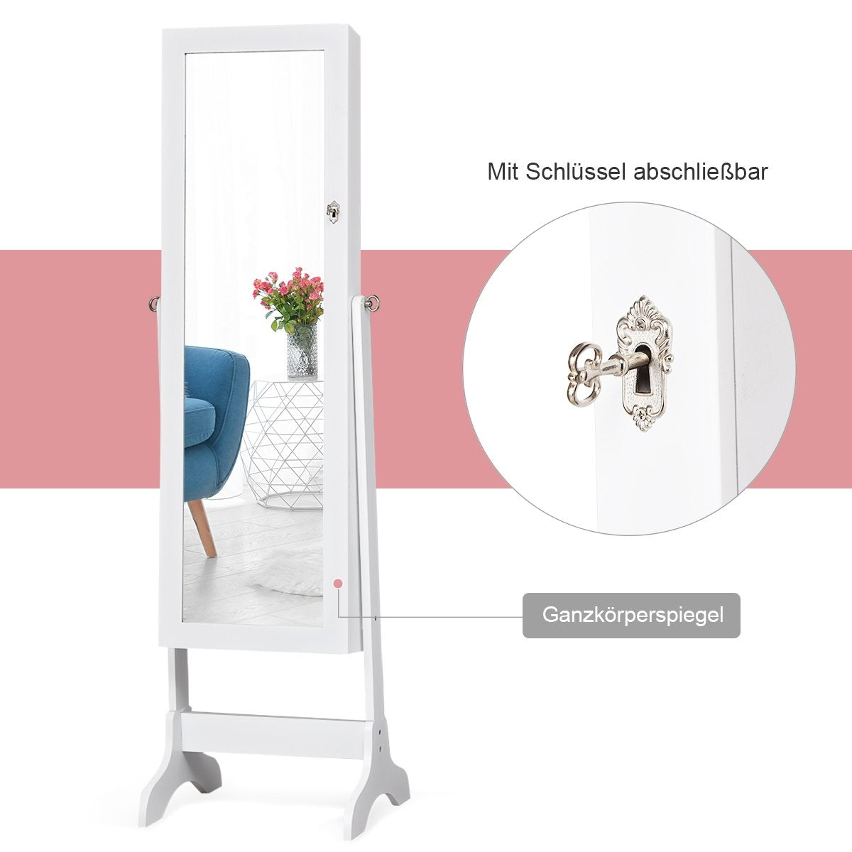 Jewelry cabinet lockable chmuck mirror cabinet with mirror 46 x 37 x 156 cm white