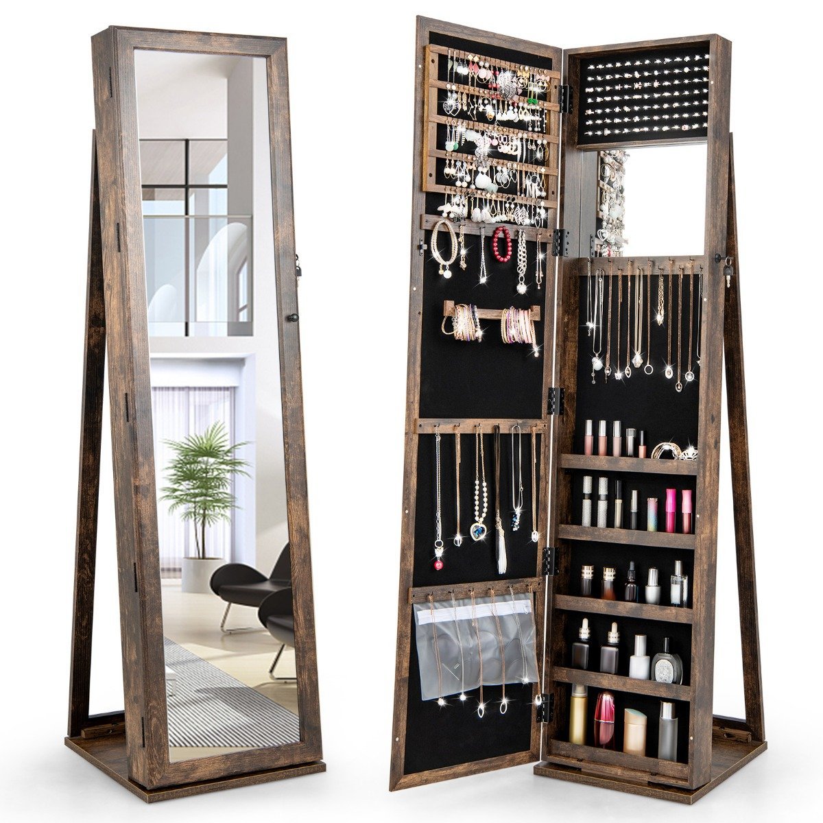 Jewelry cabinet mirror cabinet with full-length mirror and built-in makeup mirror brown