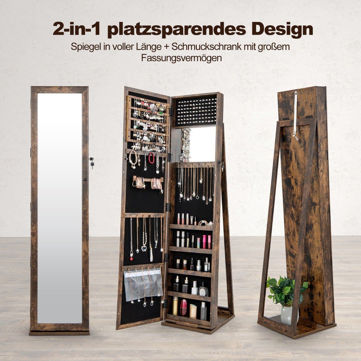 Jewelry cabinet mirror cabinet with full-length mirror and built-in makeup mirror brown