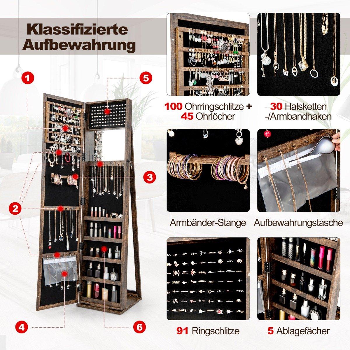 Jewelry cabinet mirror cabinet with full-length mirror and built-in makeup mirror brown