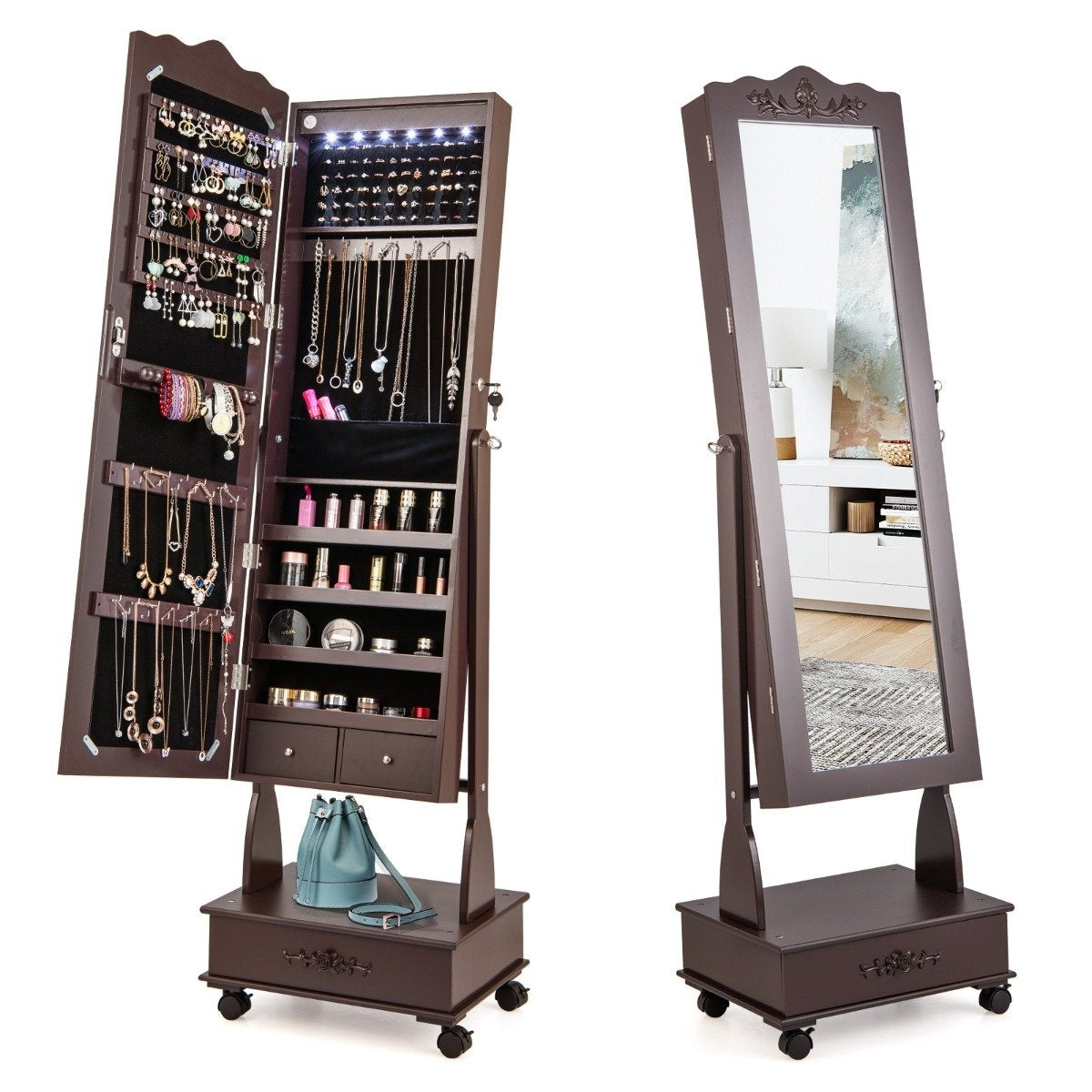 Jewelry cabinet mirror cabinet with full-length mirror & drawers & LED brown